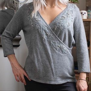 *NWT* Elegant Grey Blouse w Beaded Pearl Details